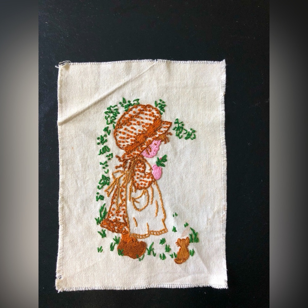 Vintage Embroidered Piece “Girl with Cat” Unframed 8.5”x6,5” Finished Handmade